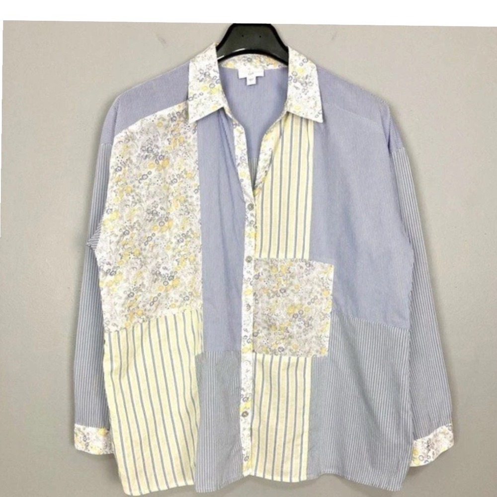 J. Jill Patchwork Floral Stripe Button Down Shirt Blue Yellow Mixed Media Top Lg